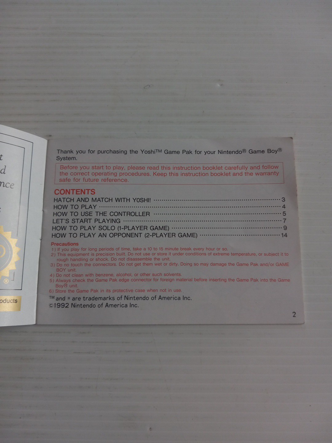 Game Boy Yoshi Instruction Booklet
