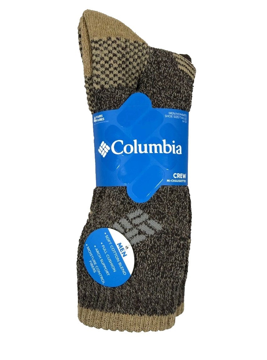 Columbia 4-Pack Moisture Control Crew Hiking Socks Men's Size 6-12 Tan Brown