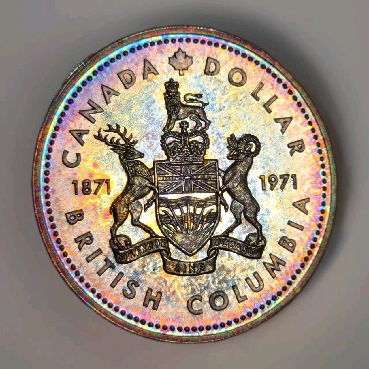 1971 Canada British Columbia UNC Silver Dollar Rainbow Toned Pretty Color Toning