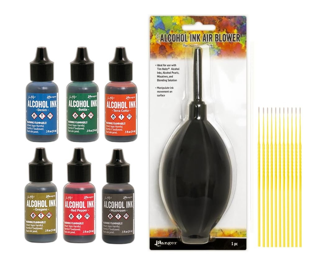 Tim Holtz Ranger Alcohol Inks Bundle - Bottle, Terra Cotta, Denim, Mushroom, Red