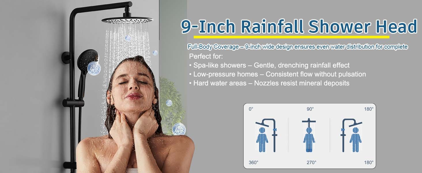 5-Function Retrofit Shower System Matte Black 9 Inch Rain Shower Head with