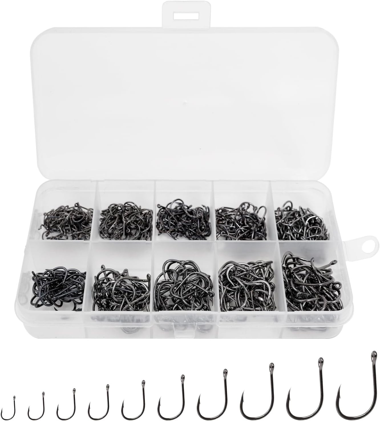 500pcs Small Fishing Hooks,High Carbon Steel 10 Different Sizes in a Plastic Box