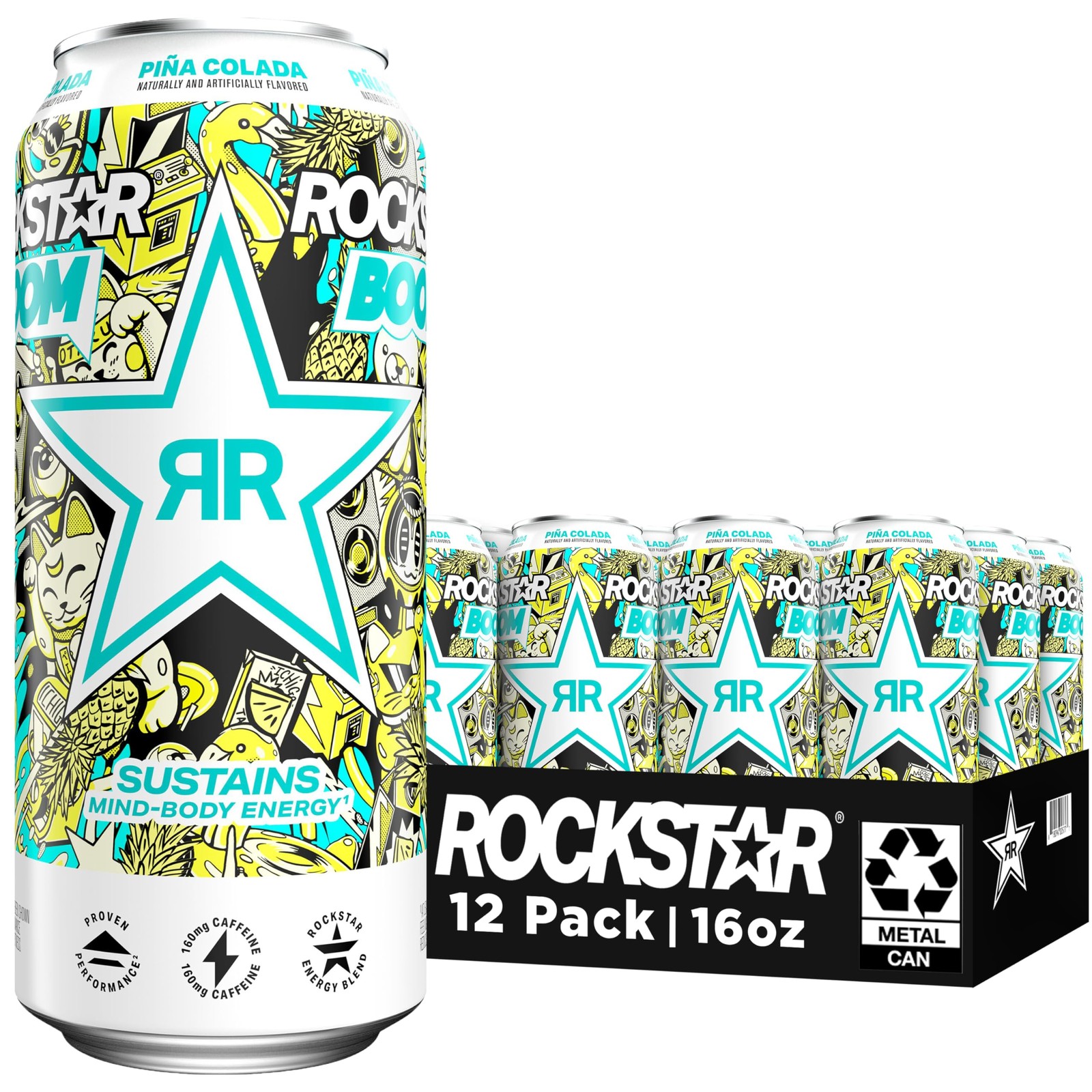 Rockstar Energy Drink, Boom Pina Colada 16 Fl Oz Cans 16 (Pack of 12)