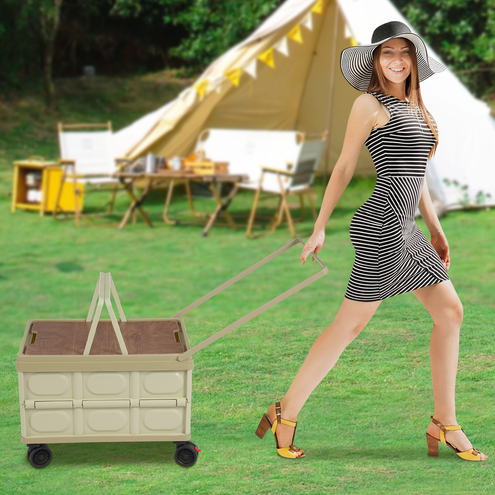 55L Large Capacity Rolling Cart Foldable Organizer Box for Outdoor Store Green