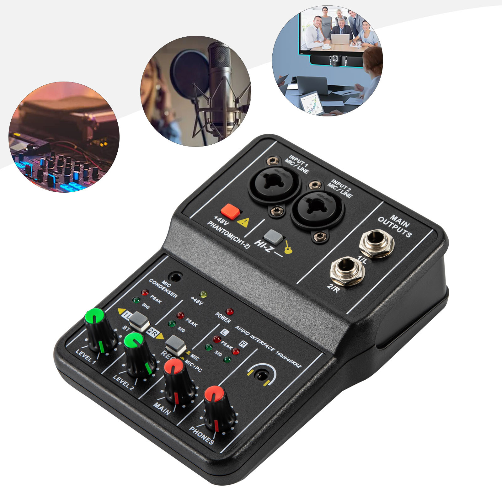 2 Channel Mixing Console Live Studio Audio DJ Mixer Sound Board USB Interface
