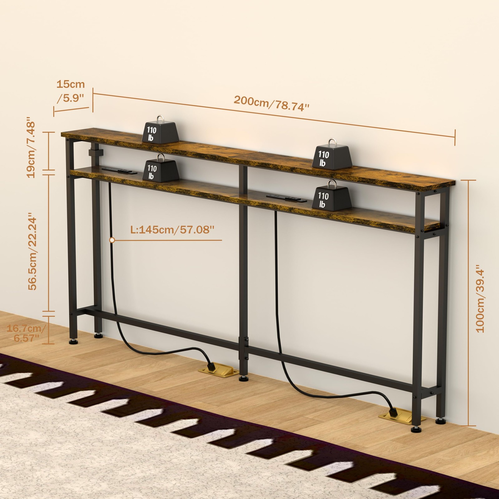 Keelian 78 Inch Double-Layer Narrow Console 78" double-deck, Rustic Brown