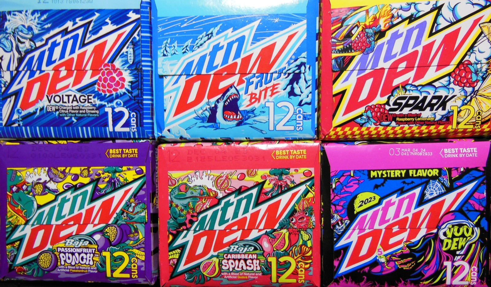 Mountain Dew 6 Can LOT : Voltage FROST BITE Spark PASSIONFRUIT Caribbean VOODEW