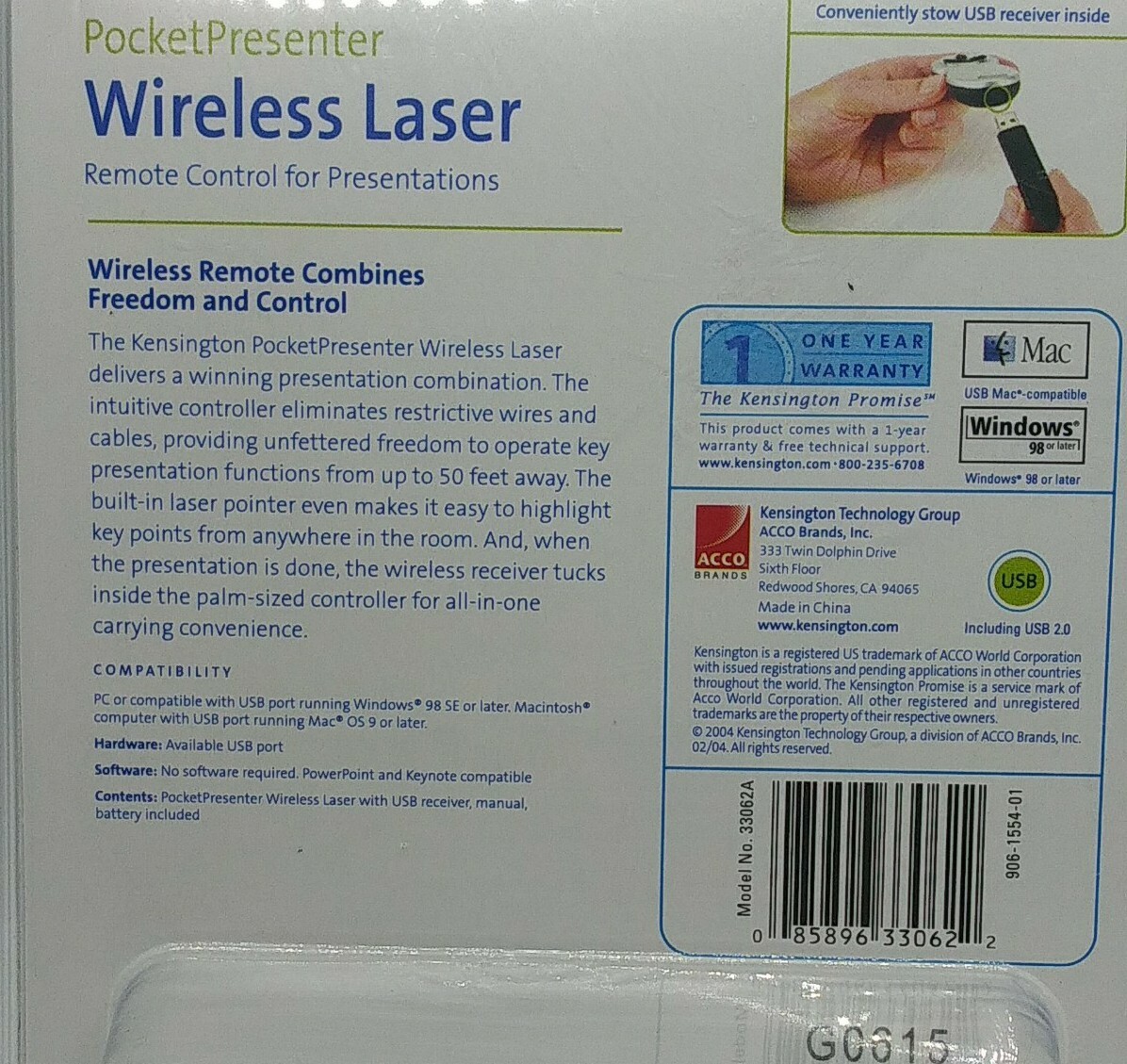 Kensington Pocket Presenter W/Laser Pointer & Remote 50ft. Range School 33062A