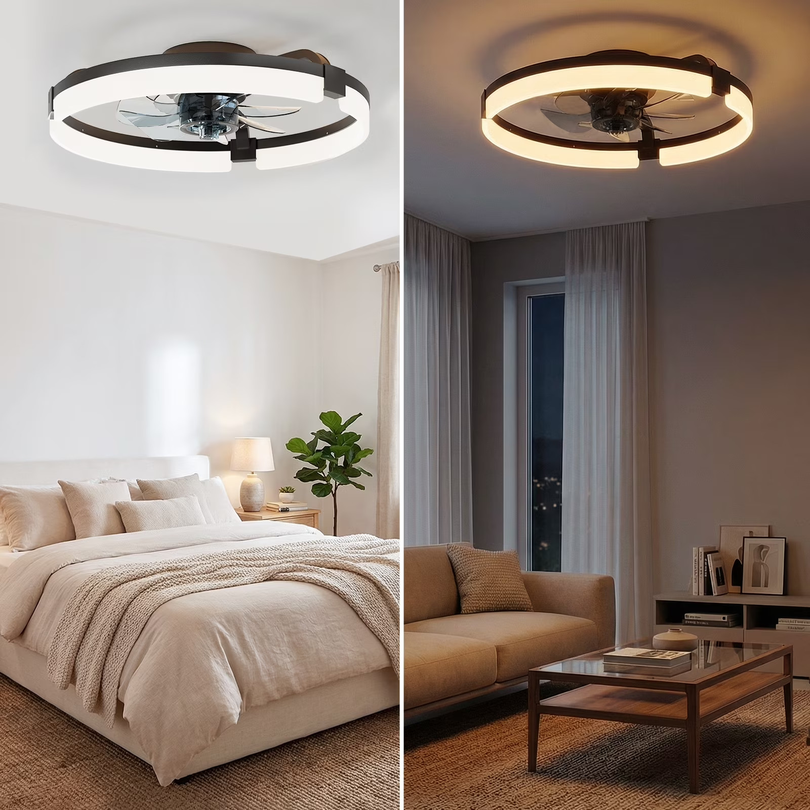 CONCETTA 19in Low Profile Flush Mount Ceiling Fan Dimmable LED Light Remote App