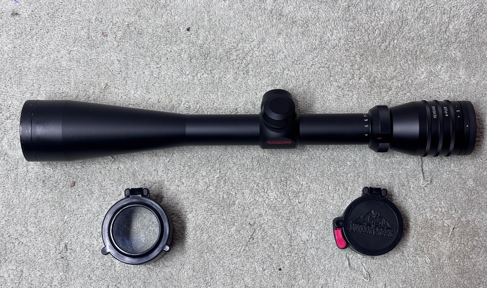 Redfield Revenge Rifle Scope 4-12x42MM W/4Plex ReticleMatte 1” tube & Flip Cover