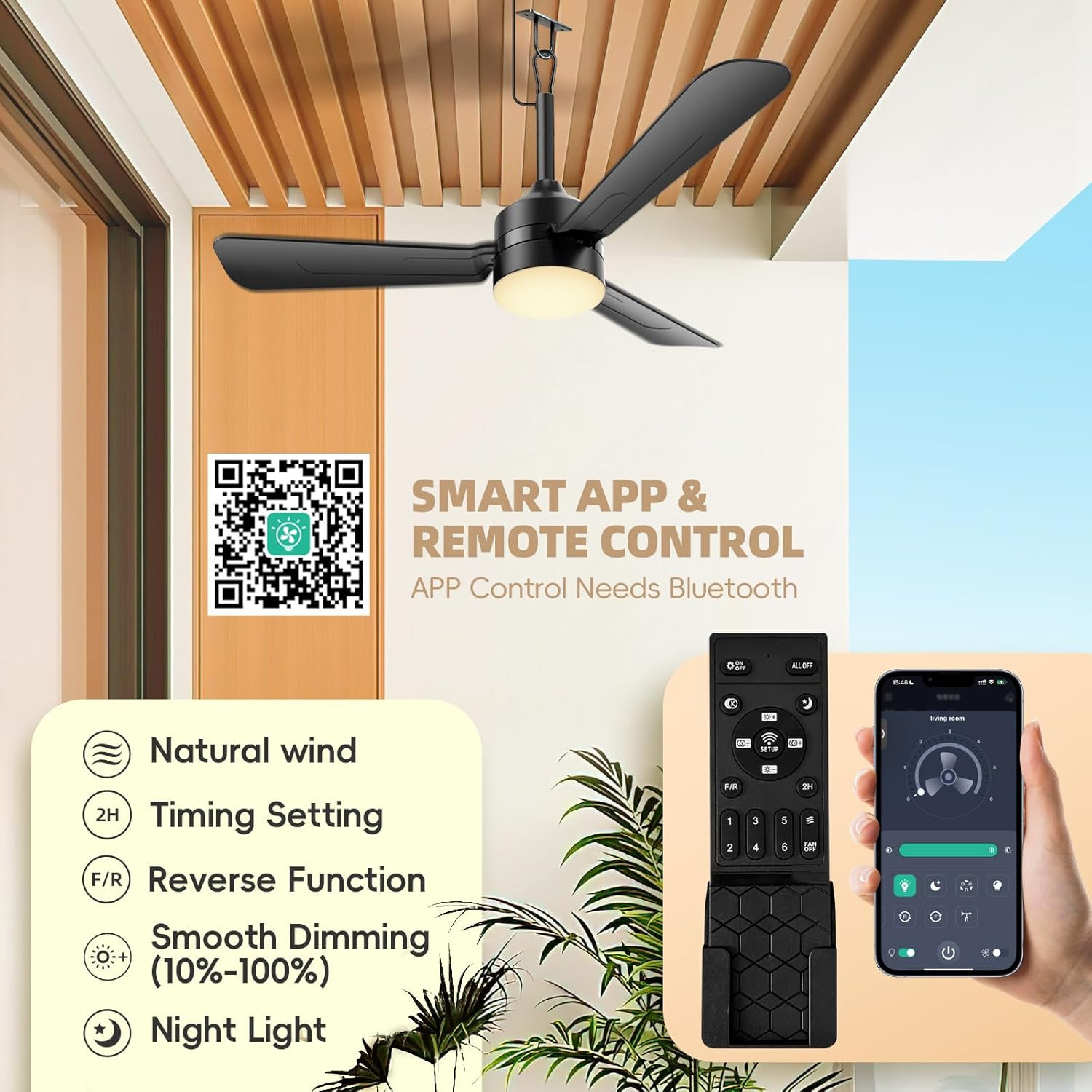 Portable 36.5" Ceiling Fan with Lights, Remote Control for Patios & Pergolas