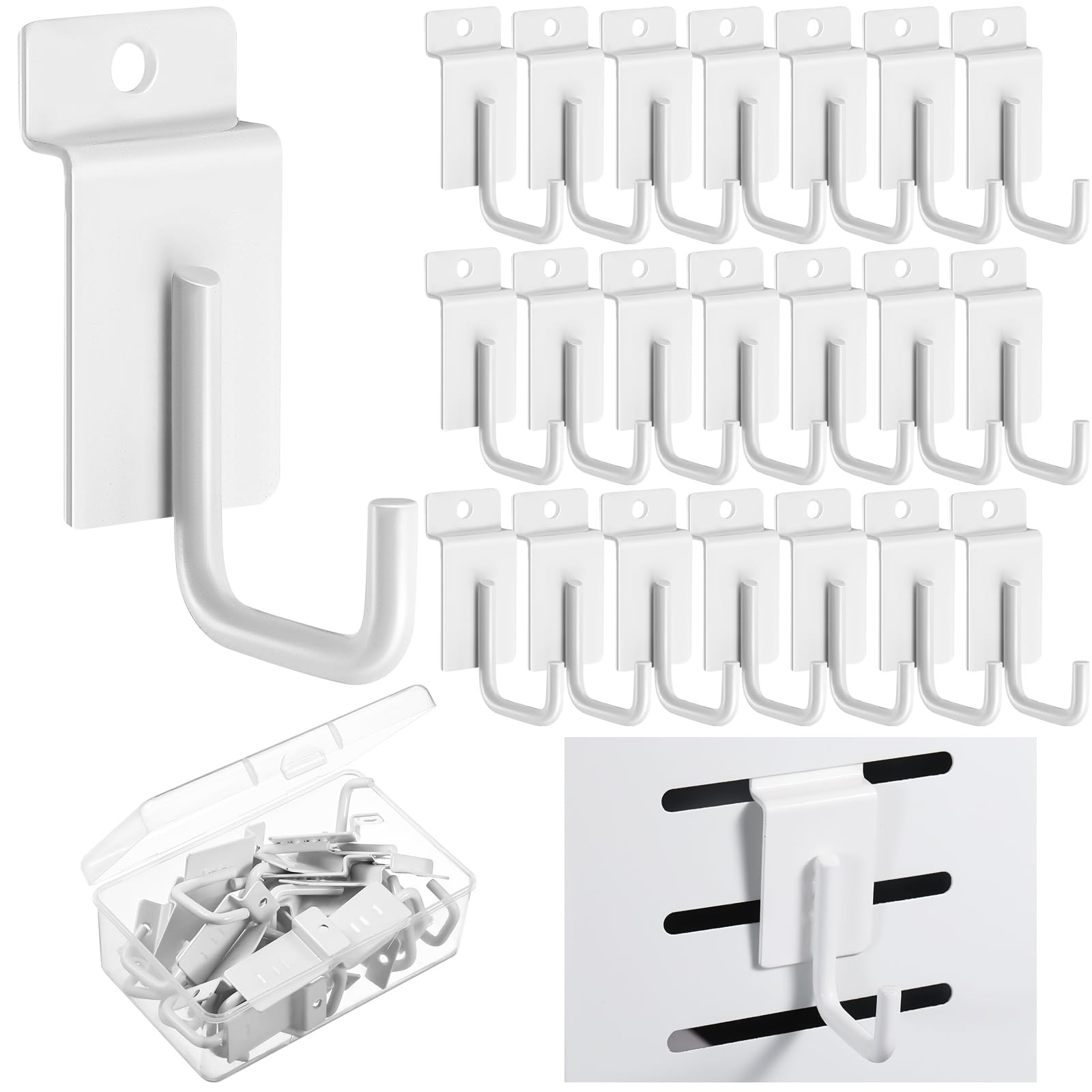 25 Pack J Shaped Slatwall Hooks and Hangers,White