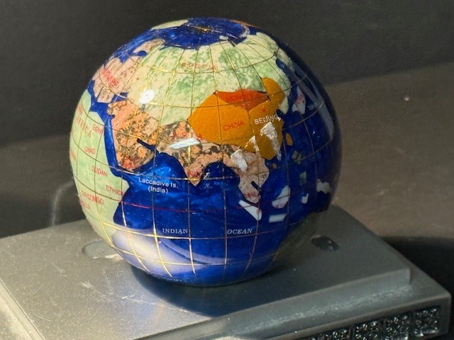 Multi Gemstone Inlaid World Globe Paperweight 2.5” Desk Globe Office