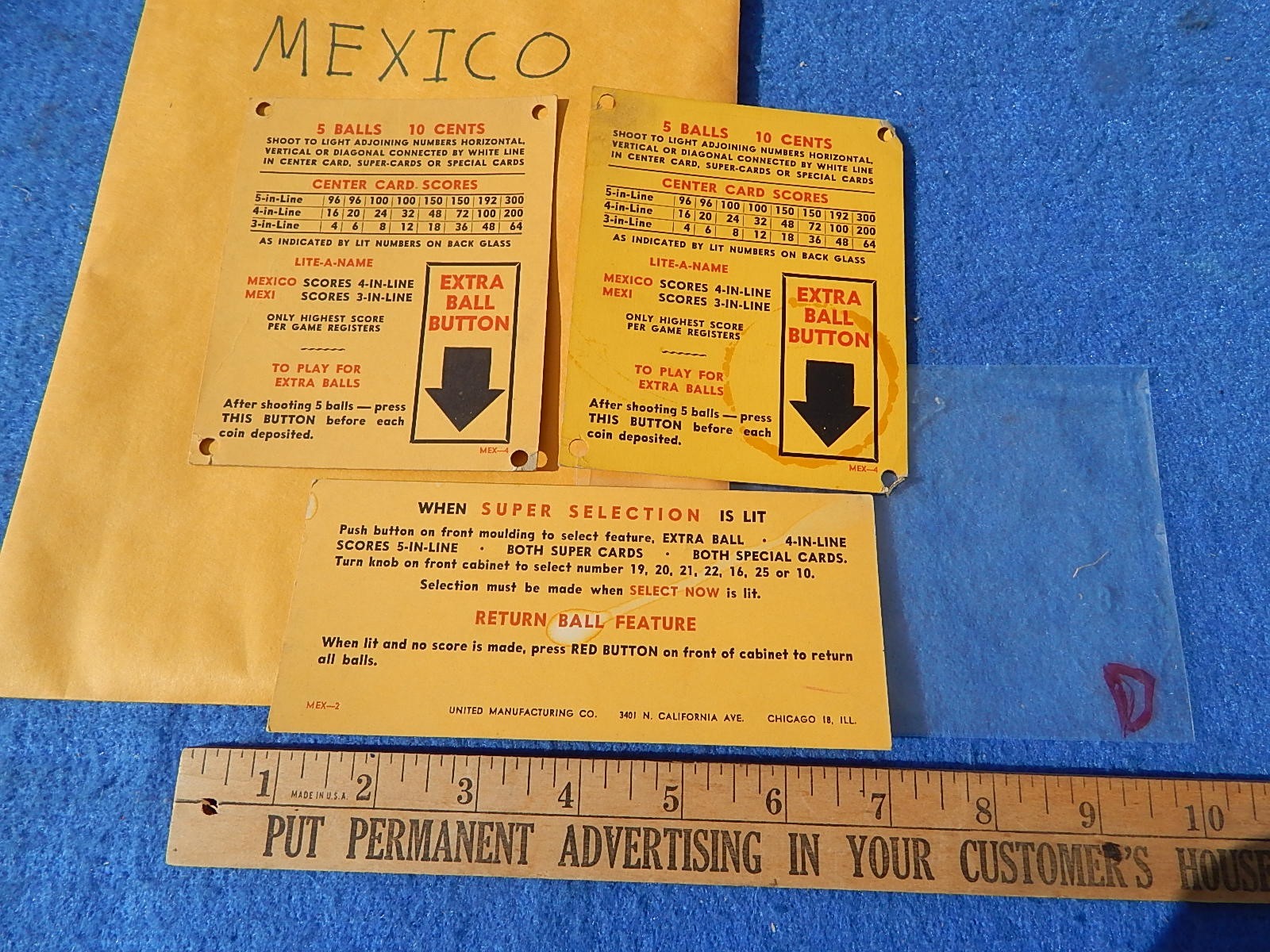 1947 United MEXICO bingo pinball Instruction & Award Cards - 3 each