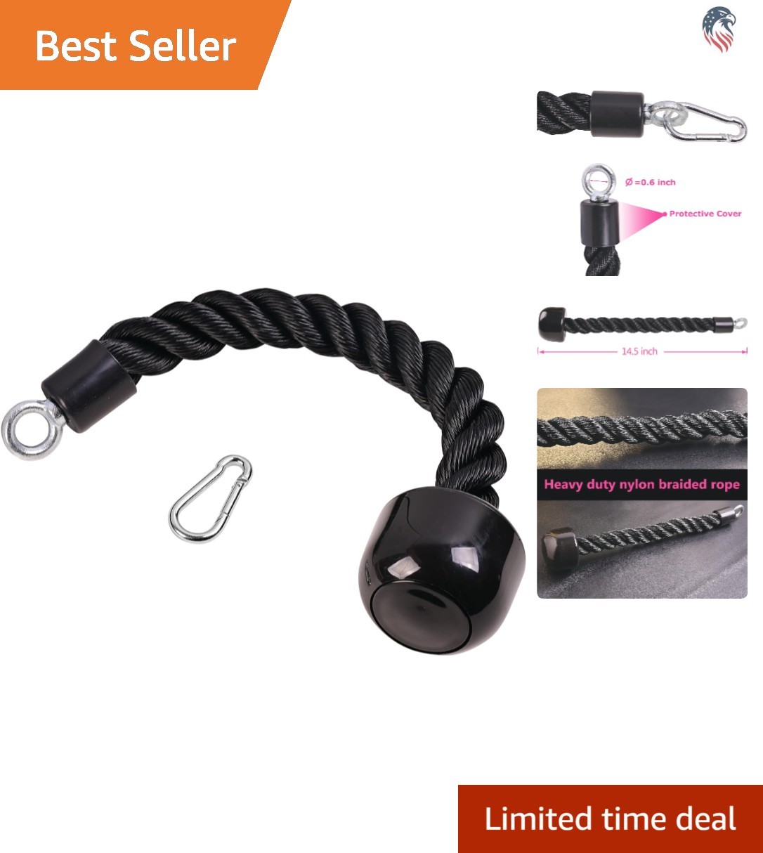 Compatible with Cable Machine Tricep Rope 63 Inch Heavy Duty Nylon Grip