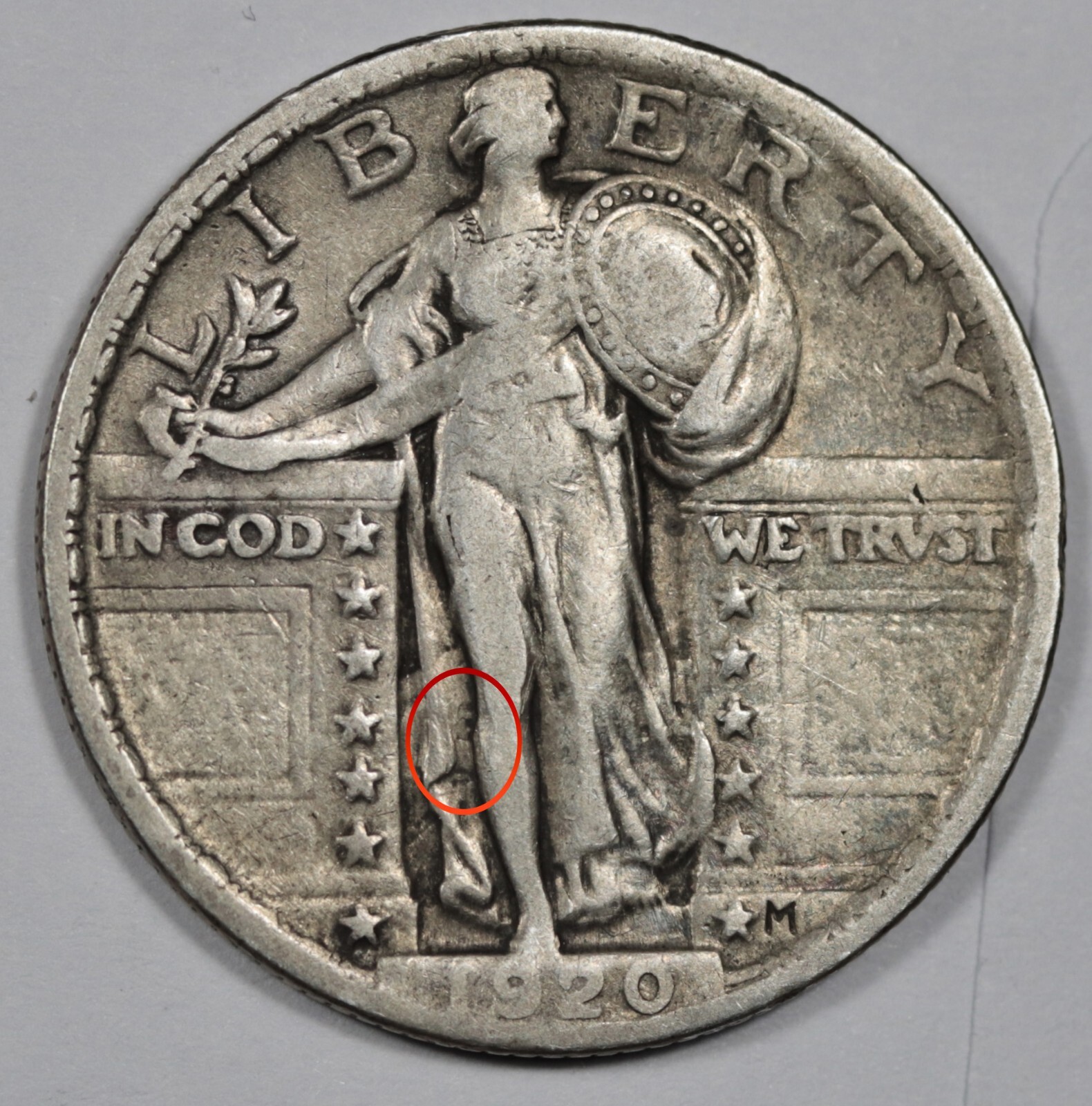 1920 Standing Liberty Quarter.  Error.  Clashed "E".  VF-XF.   206767