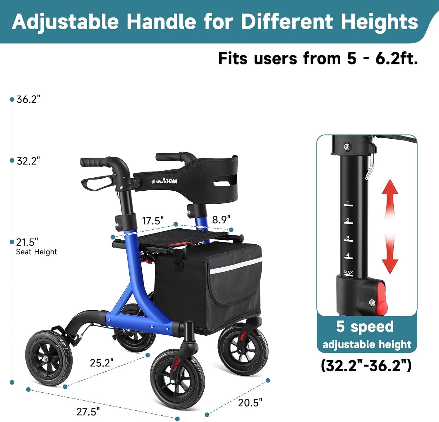 Rollator Walker with Seat Aluminum All Terrain Walker for Seniors Foldable 300lb