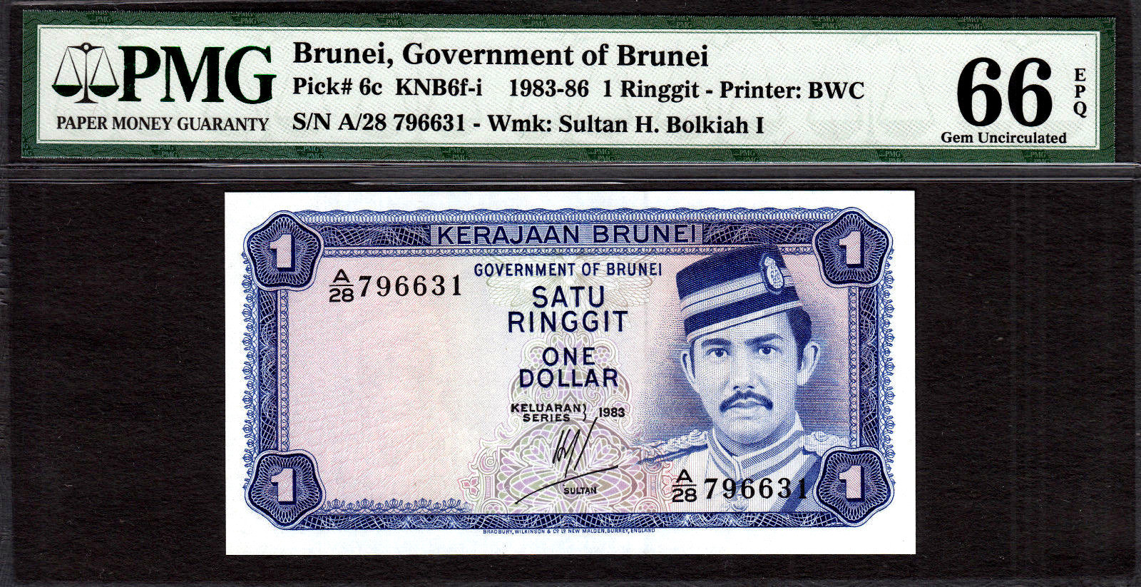 Brunei One Ringgit 1983 Pick-6c GEM UNC PMG 66 EPQ
