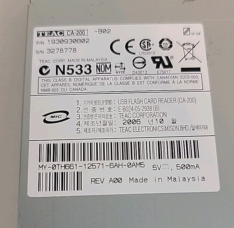 TEAC CA-200 Card Reader, UNTESTED