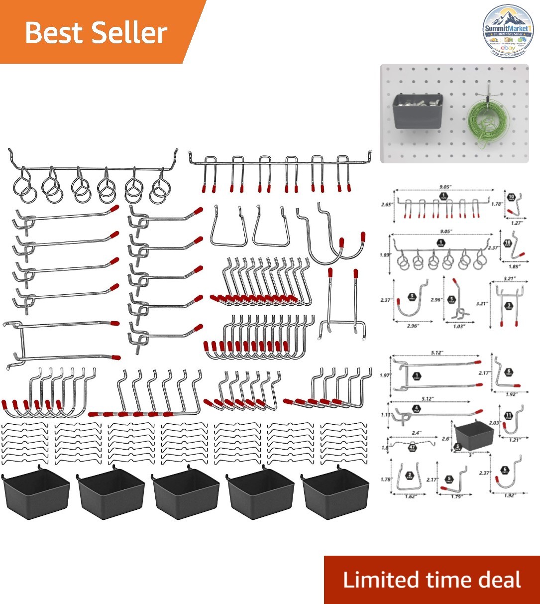 114 pcs Pegboard Hooks Assortment Metal Hooks Sets Pegboard Bins