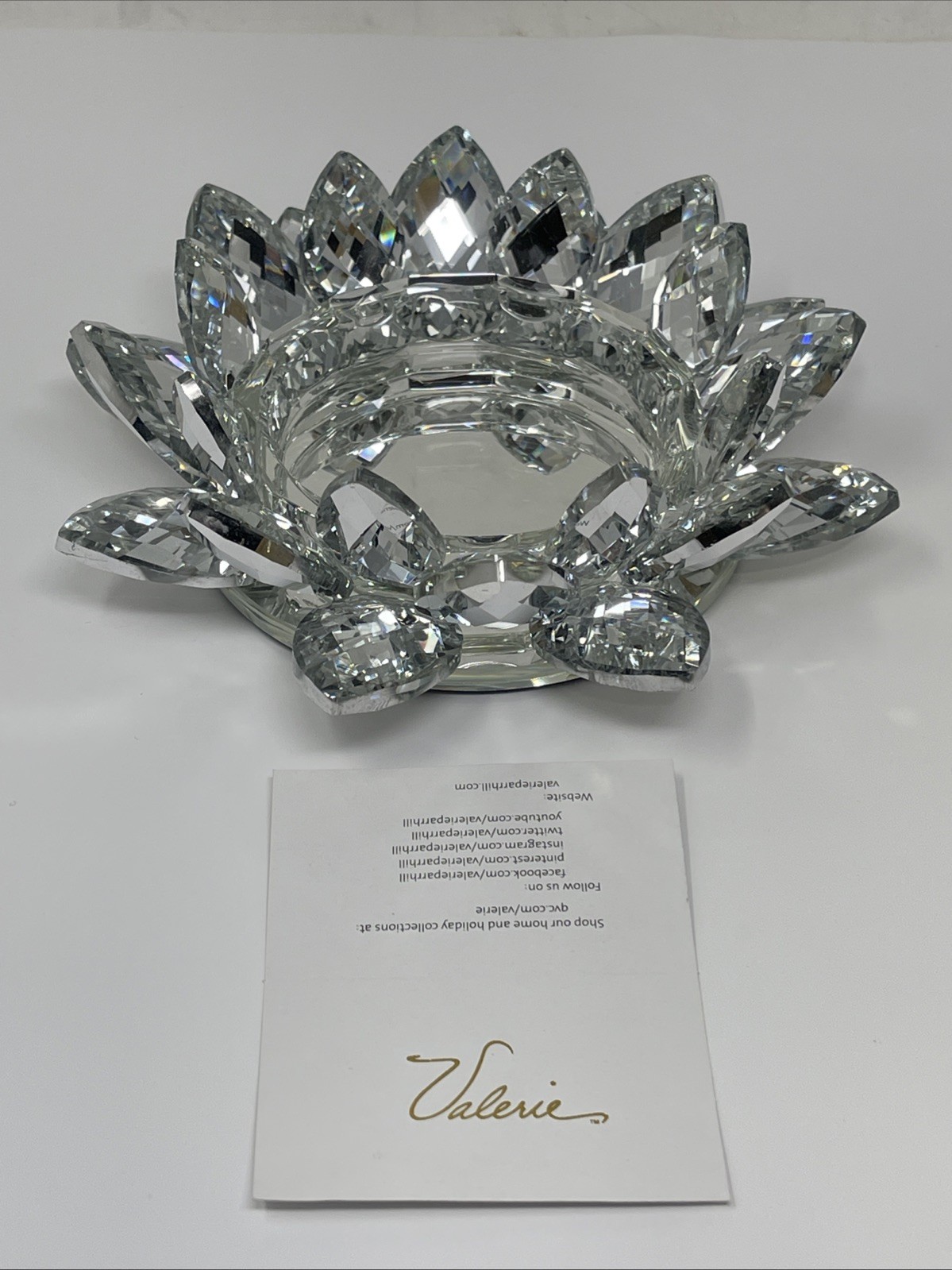 Valerie Hill Mirrored Faceted Glass Lotus SILVER Candle Holder, New