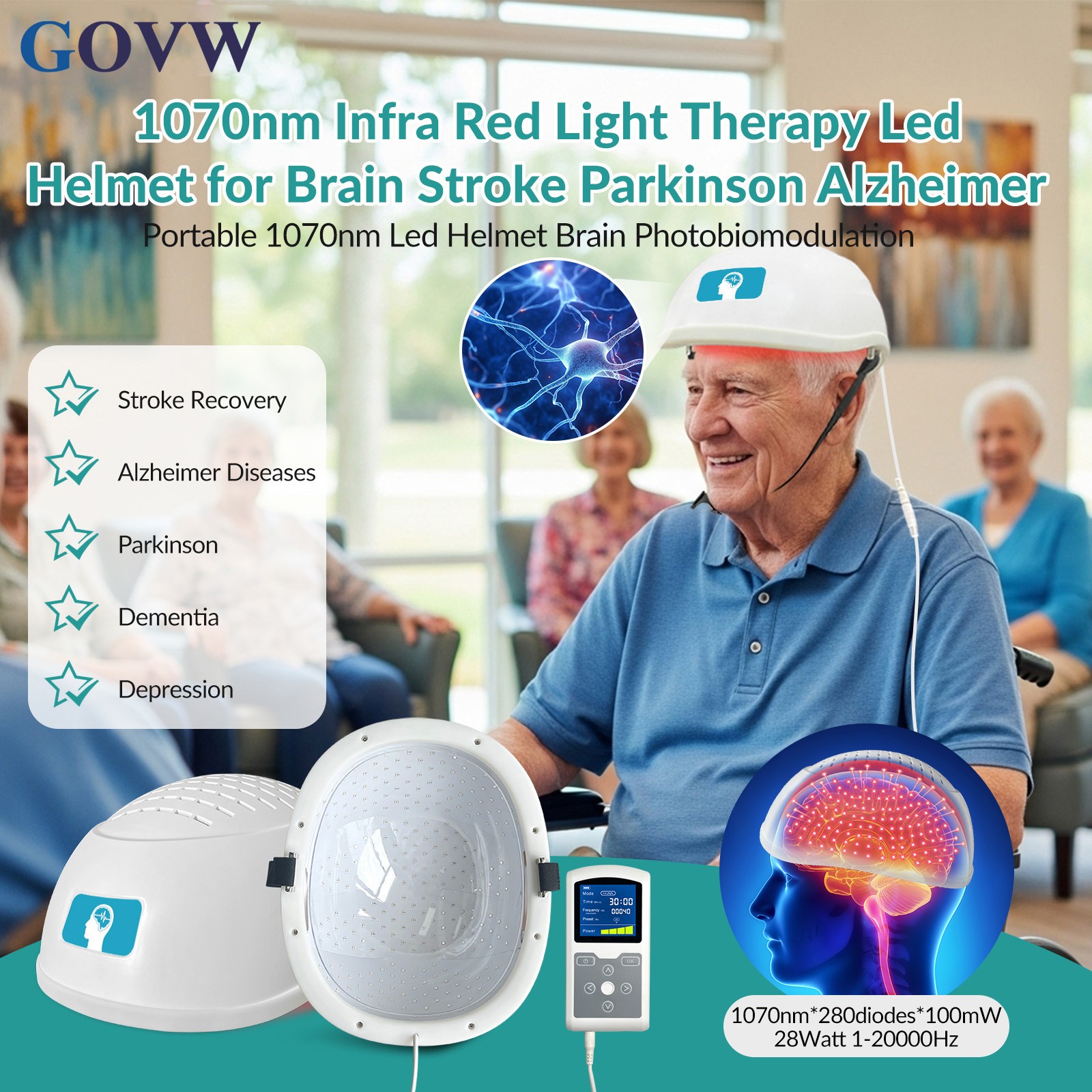 Neuromodulation PBM Brain Helmet 1070nm for Parkinson Depression Cognitive Boost