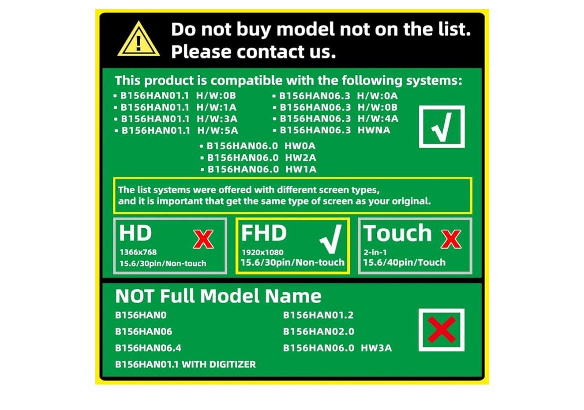 15.6'' Non-Touch 30Pin Replacement Screen Compatible with B156HAN01.1