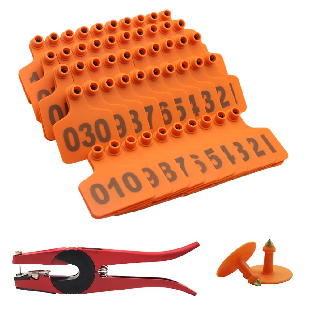100 Orange Cattle Ear Tags 001-100 with Tagger Applicator Kit for Livestock