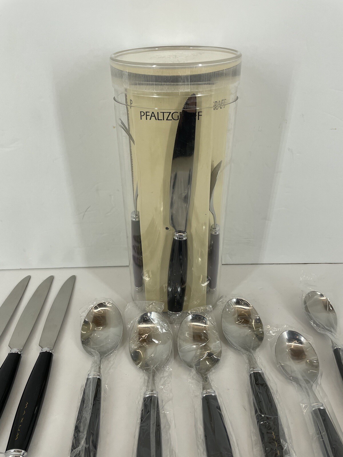 VTG 1998 Pfaltzgraff Maxum Stainless Flatware 20pc Ser Complete Open Box Black