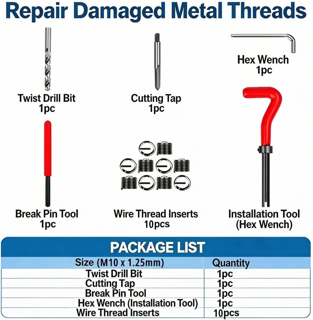 M10x1.25 Thread Repair Kit FOR Stripped Bolt Threads Helicoil Insert Tool