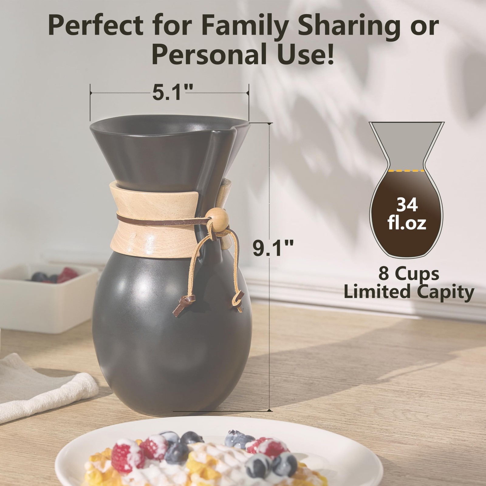 Ceramic Pour Over Coffee Maker with 20 pcs Paper Filter, 8-Cup, 34oz, Pour Ov...