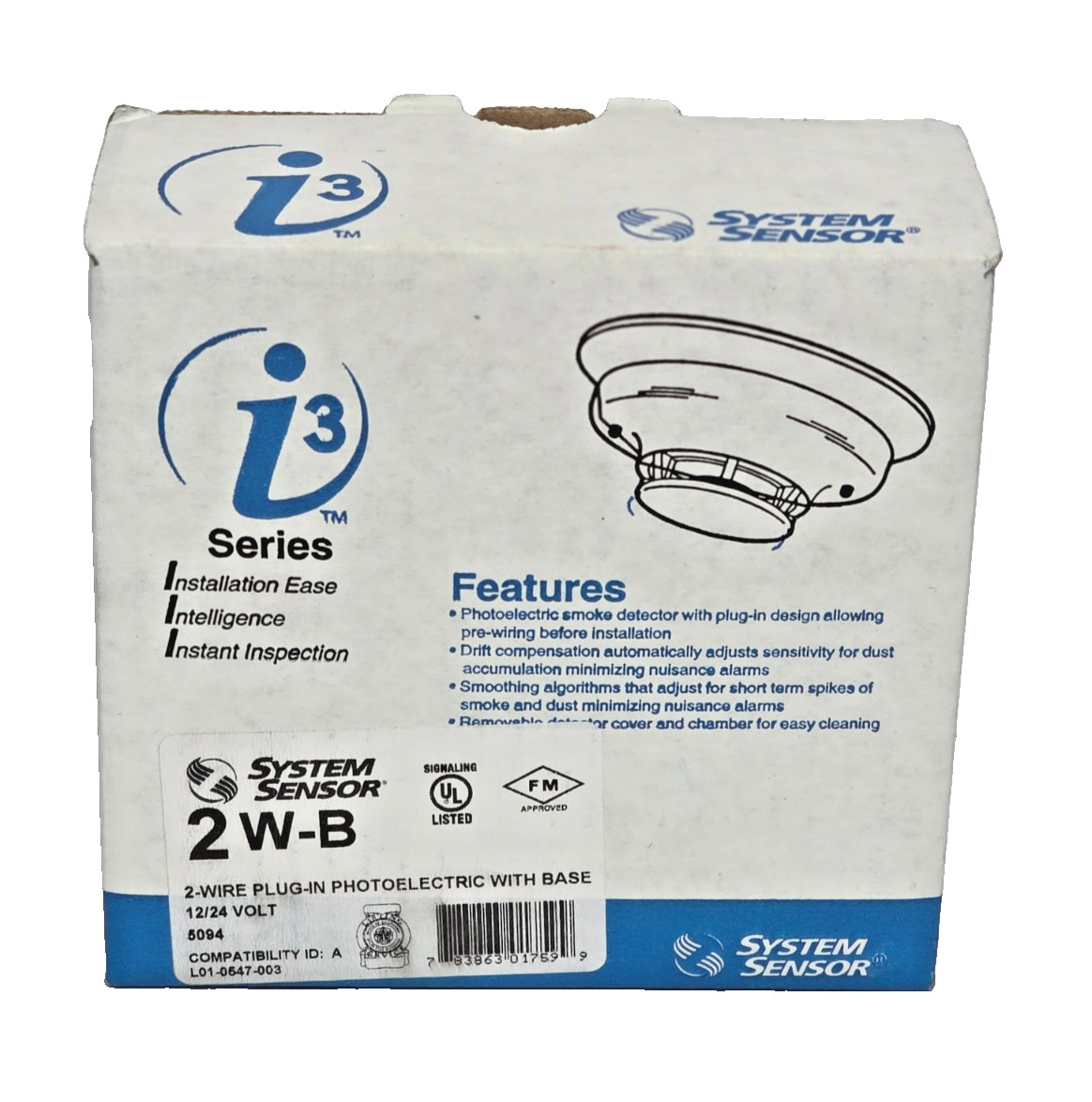 System Sensor 2W-B 2-Wire Plug-In Photoelectric i3 Smoke Detector White NEW