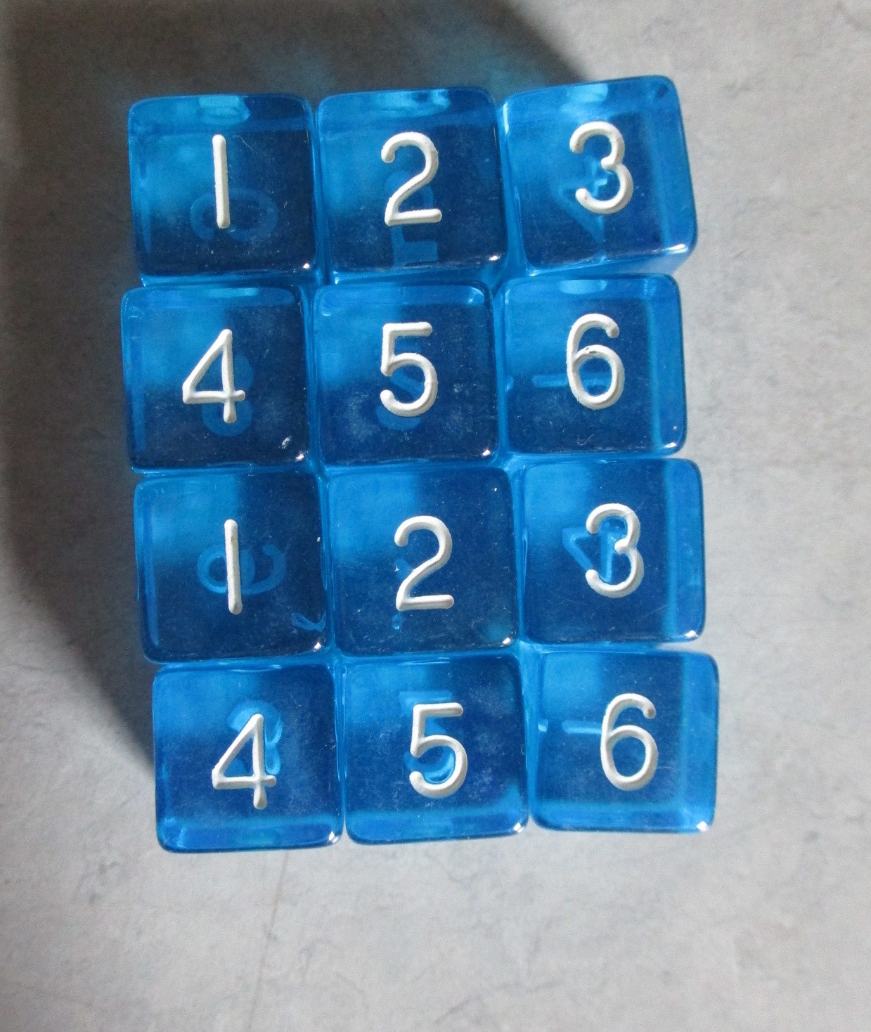 NEW Translucent Blue Set of 12 d6 Numeral 16mm