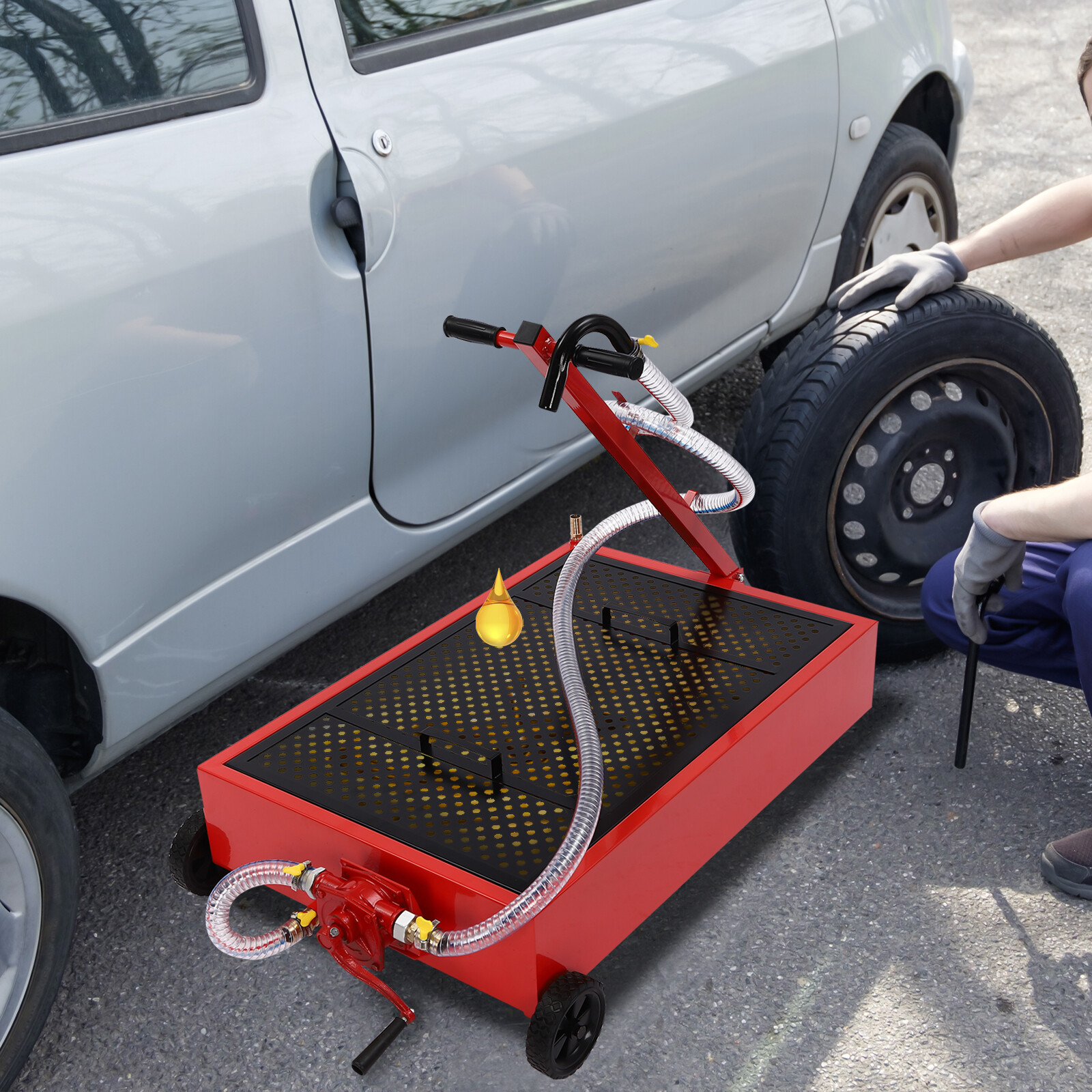 Low Profile Oil Drain Pan 20 Gallon Oil Change Pan Cart With Manual Rotary Pump