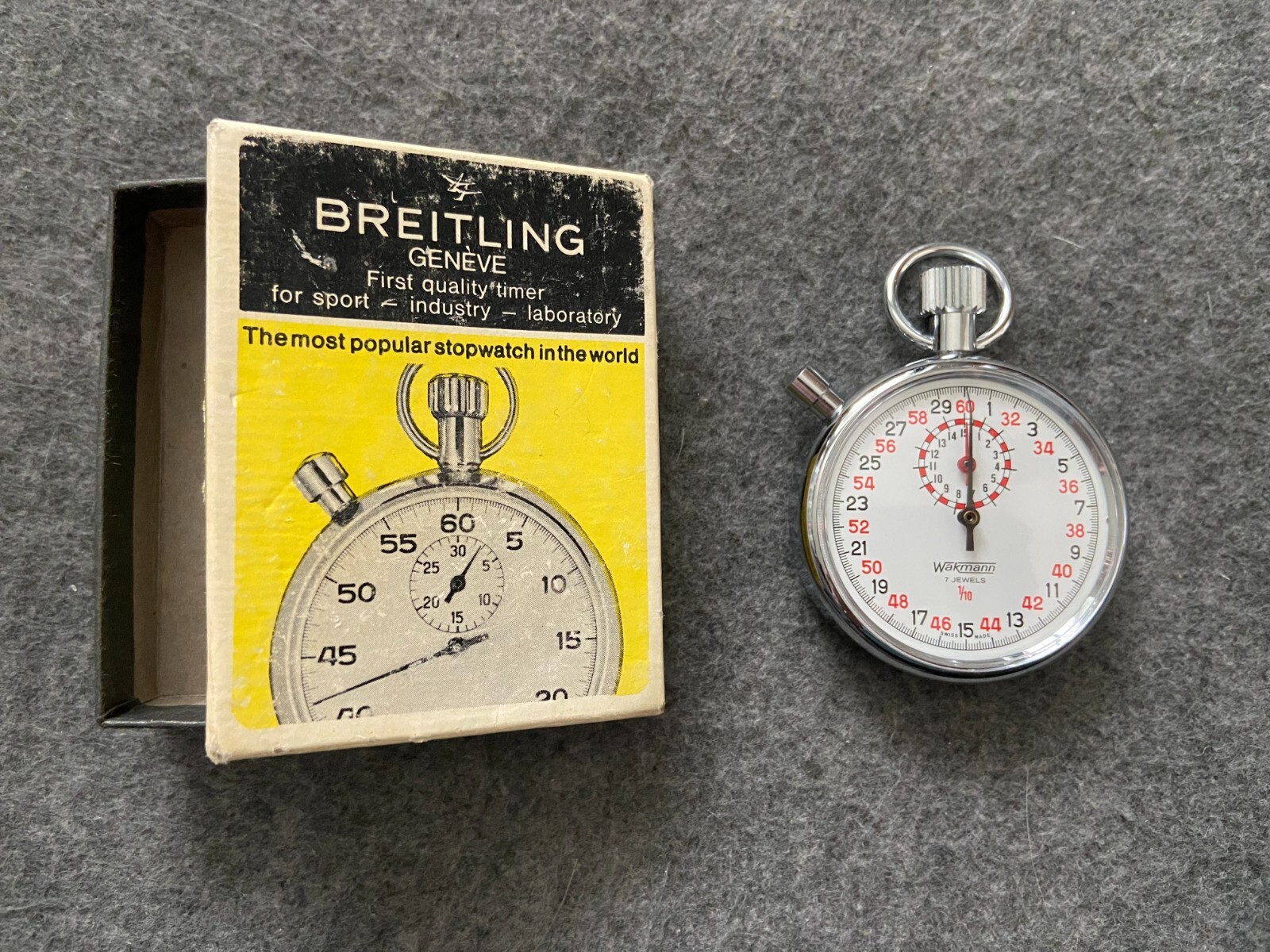 Swiss Made Wakmann 7 Jewels Vintage Mechanical Wind Up Stopwatch with the Box