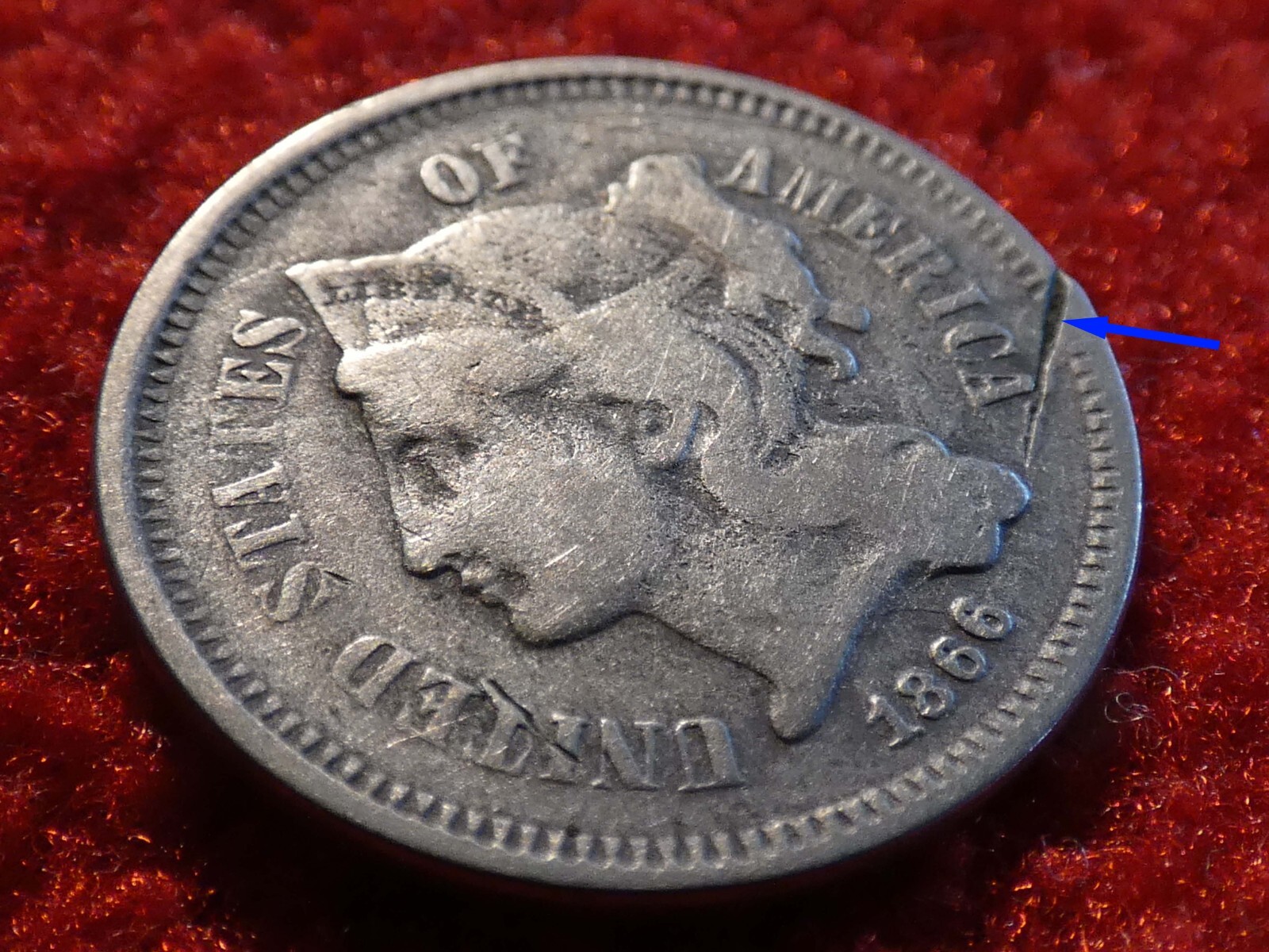 1866 Three Cent Nickel Detached Lamination Error! #3427