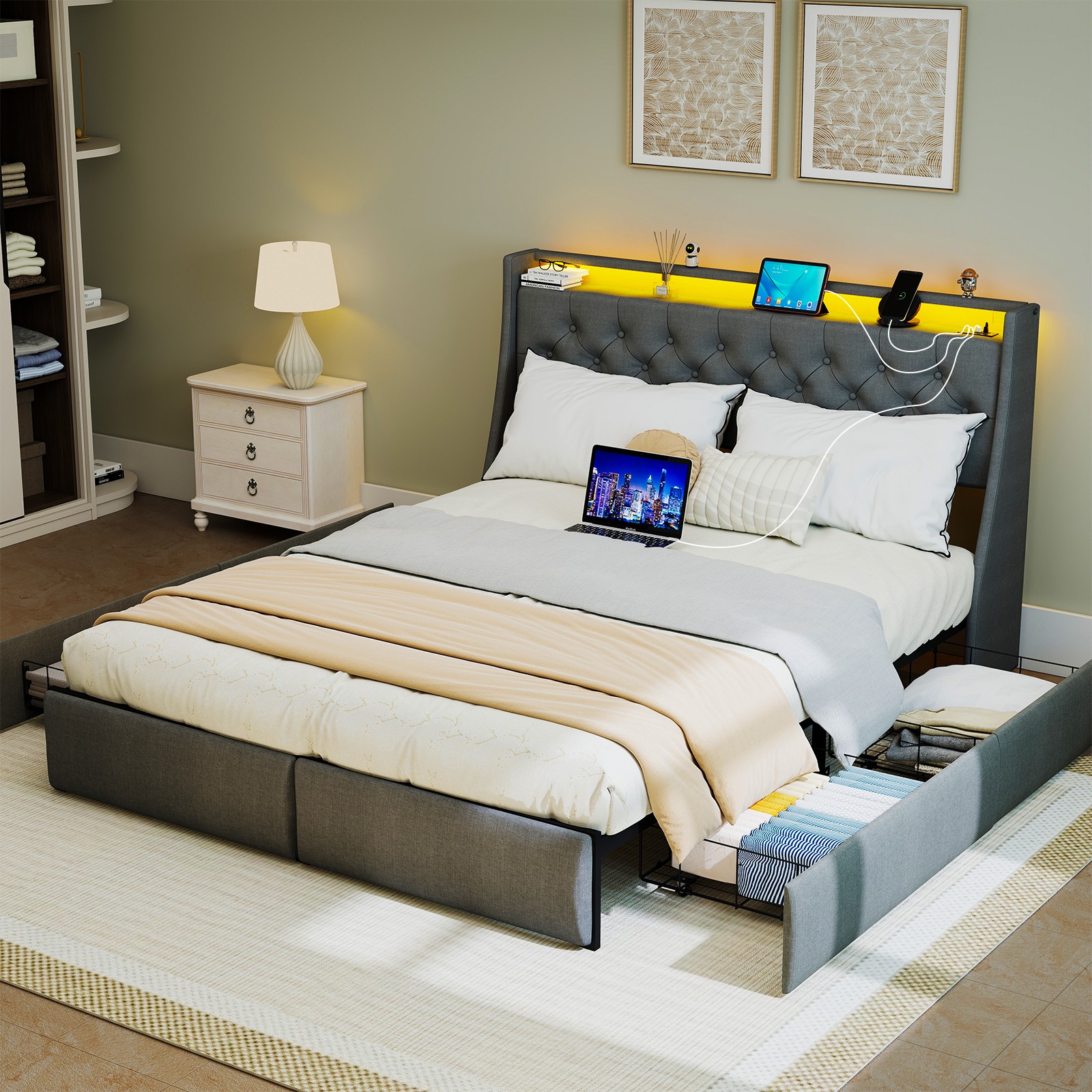 Full Size Bed Frame, Upholstered Platform Bed Frame with 4 Storage Drawers