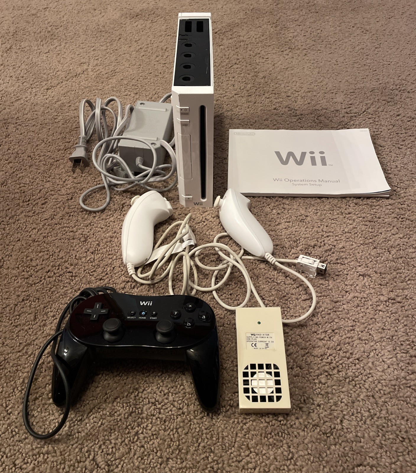 Nintendo Wii Console White RVL-001 W/ AC Adapter RVL-005 Radiator & 2 Nunchucks