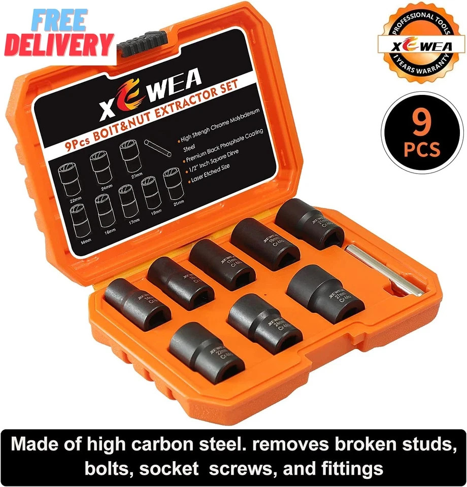 9PCS Lug Nut Extractor Set, 1/2" Drive Impact Bolt Remover Socket Tool, Wheel Lo