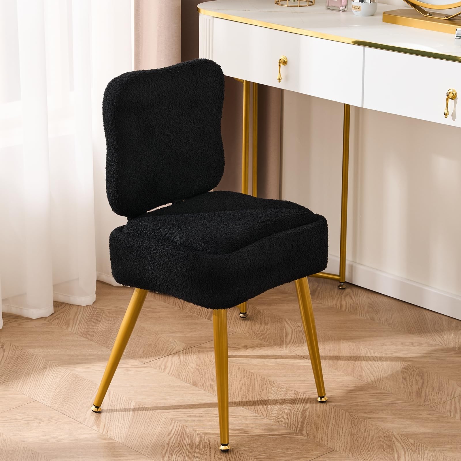 Small Vanity Chair with Storage and Foldable Backrest - Plush Teddy Fabric, 8...