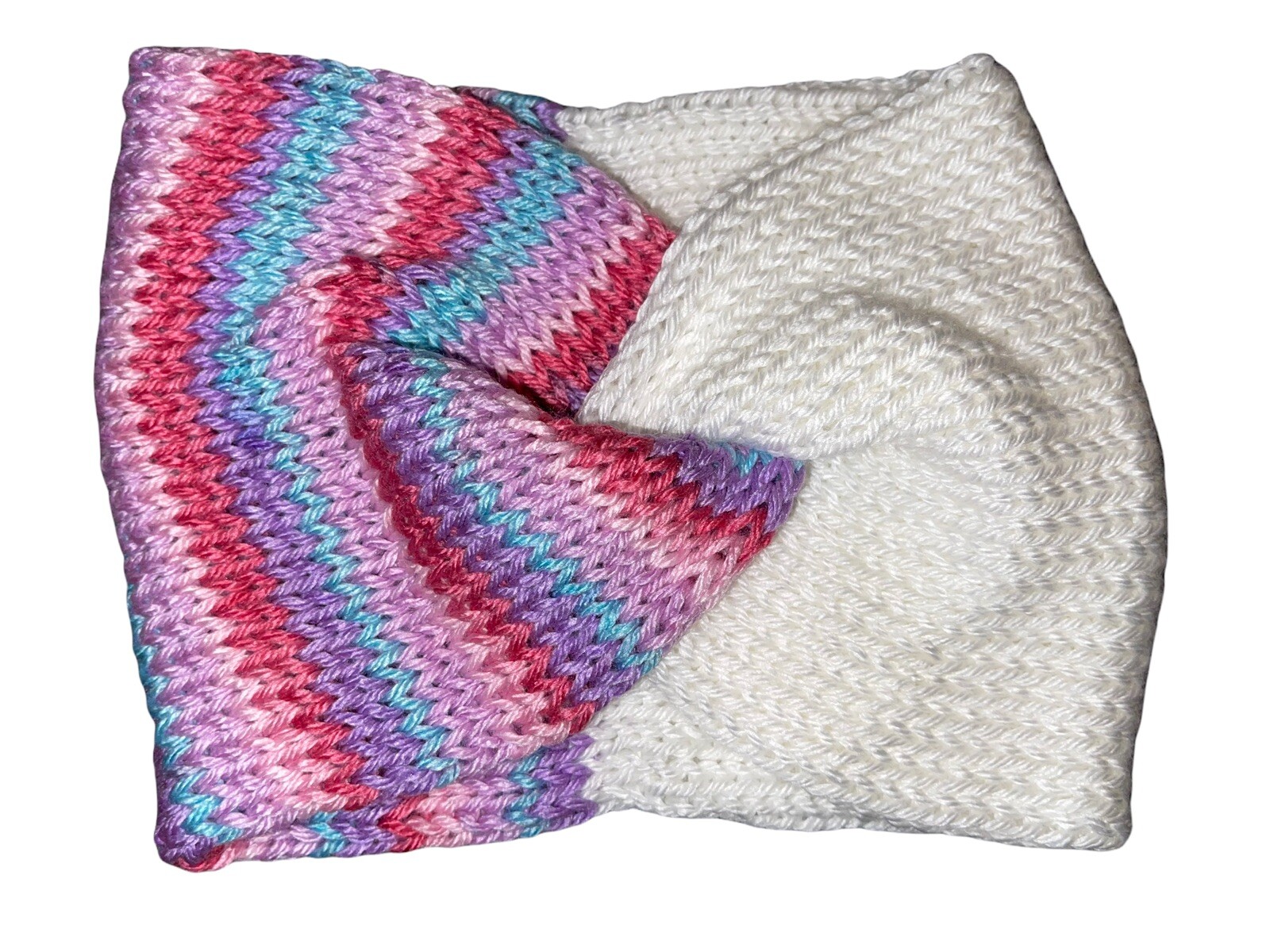 Handmade Twisted Ear Warmer - Adult Knit - White/Pastel