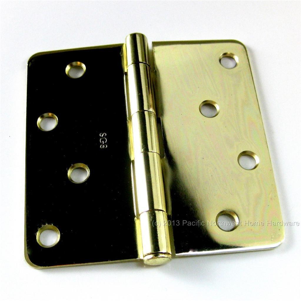 4" x 4" x 1/4" Radius Corner Residential Steel Door Hinge, Polished Brass