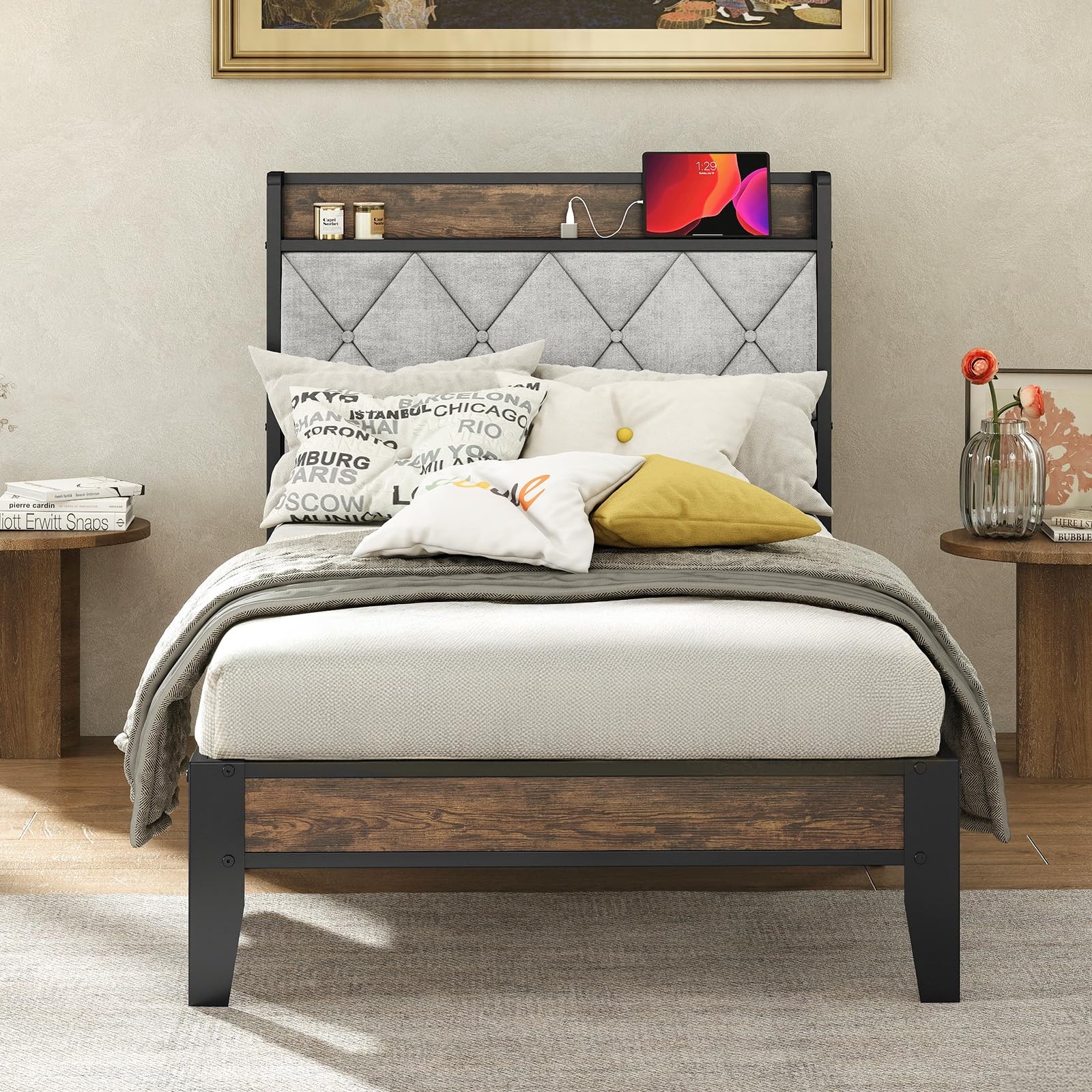 DUMOS Twin Bed Frame, Headboard with Charging Plug
