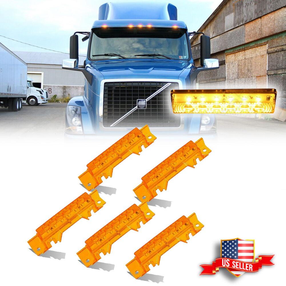 5PCS Amber Lens Amber LED Cab Roof Marker Lights For 2003-up Volvo VN/VNL Truck