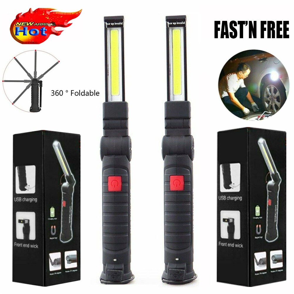 2Pack COB LED Work Light Lamp USB Rechargeable Inspect Folding Torch +USB Cable
