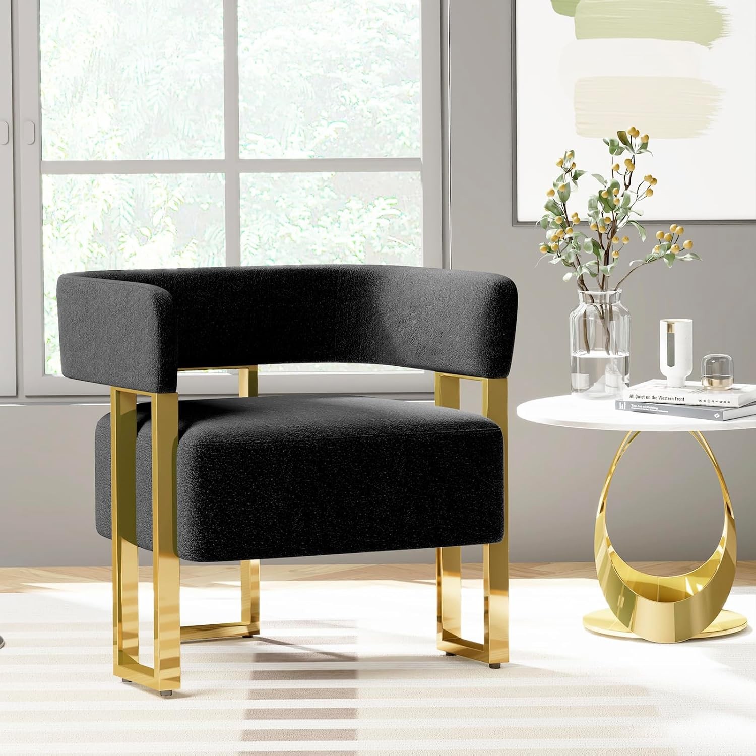 Modern Black and Gold Accent Chair Set of 2 Boucle Bucket Arm Chairs Bedroom