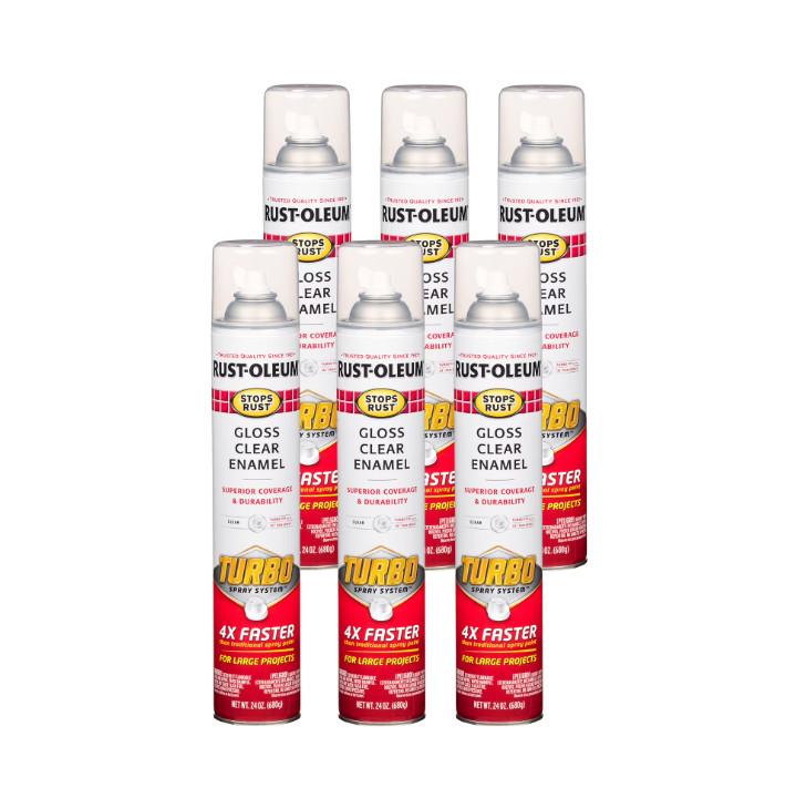 6 Pack, Clear, Rust-Oleum Stops Rust Gloss Turbo Spray Paint-353345, 24 oz