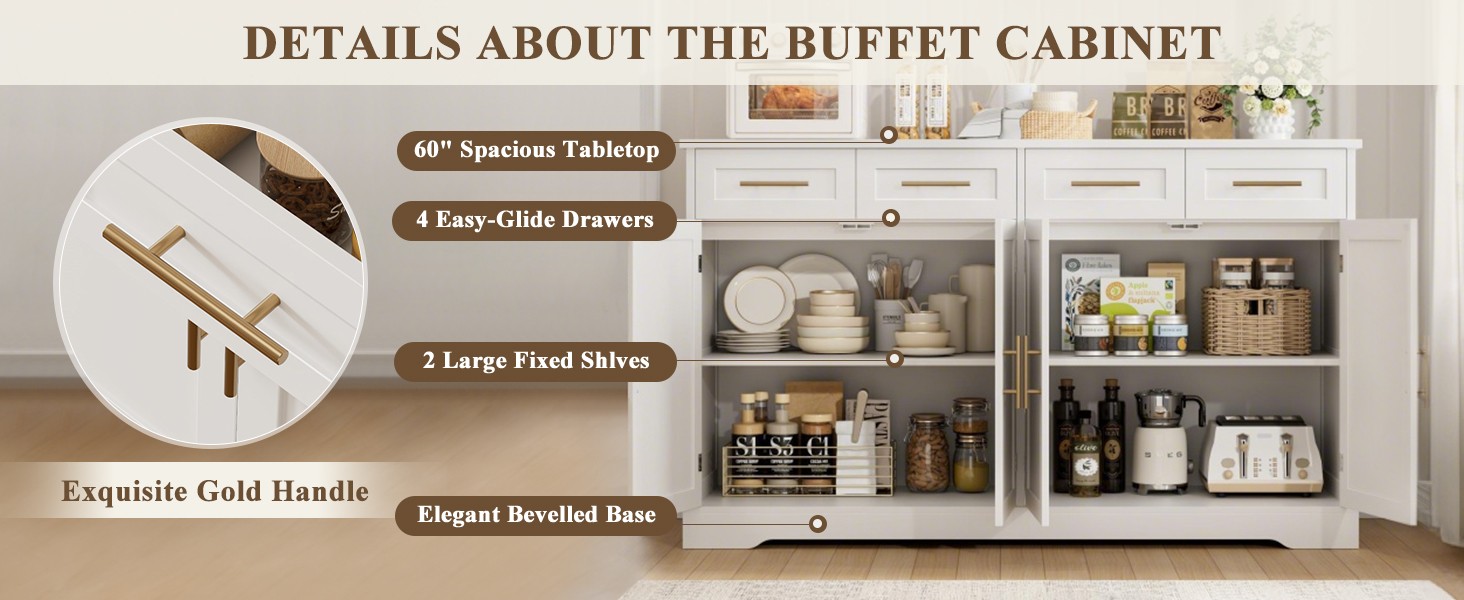 HOSTA 60" Lar Buffet Sideboard with Stora, 36" Tall Kitchen Buffet