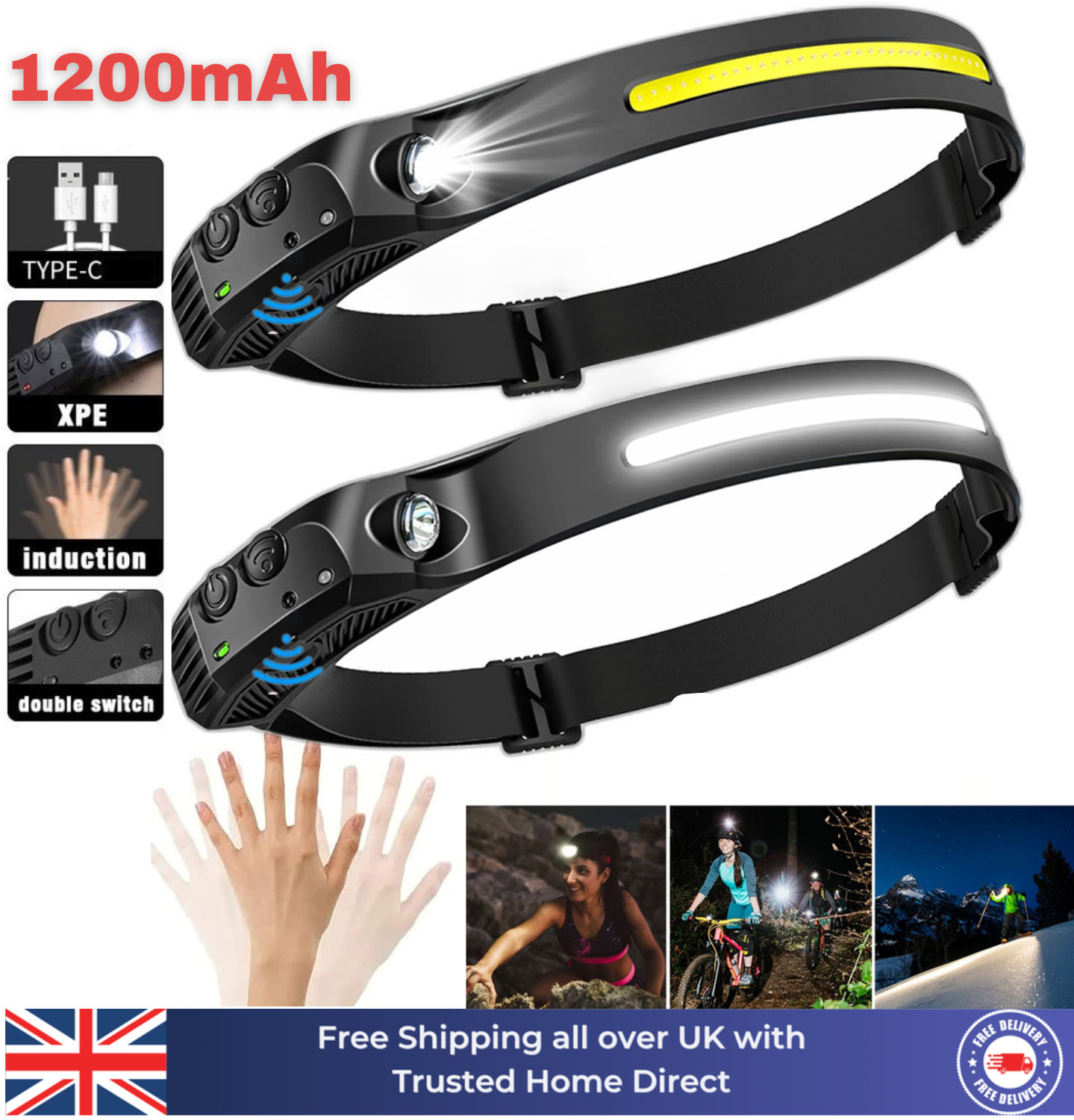 LED Head Torch USB Rechargeable COB Headlamp Motion Sensor Super Bright 230°
