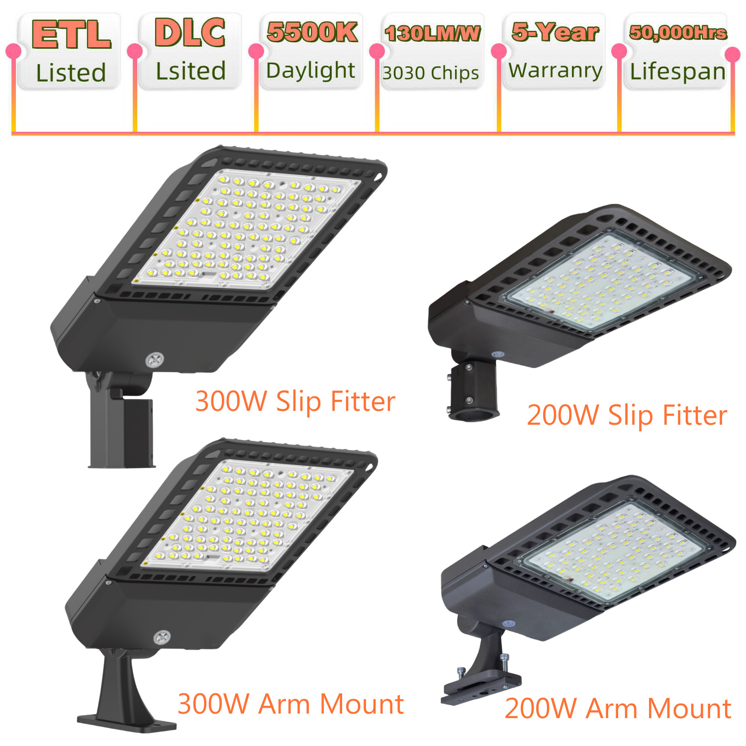 Outdoor Commercial LED Parking Lot Light IP65 Shoebox Street Pole Lamp 300W/200W